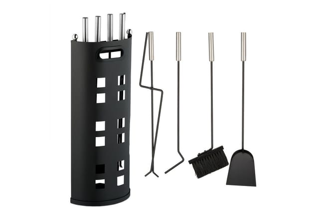 Relaxdays - Kaminbesteck, 5-teiliges Set, Schürhaken, Ascheschaufel, Besen, Zange & Ständer, Kamingarnitur Modern, Schwarz