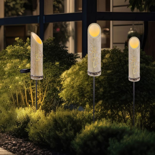 Steckleuchte Bambus Solarleuchte Erdspieß Bambuslampe Solar, Dekor-stanzungen, Grün, Led Warmweiß, Dxh 12x79,5 Cm, 3er Set