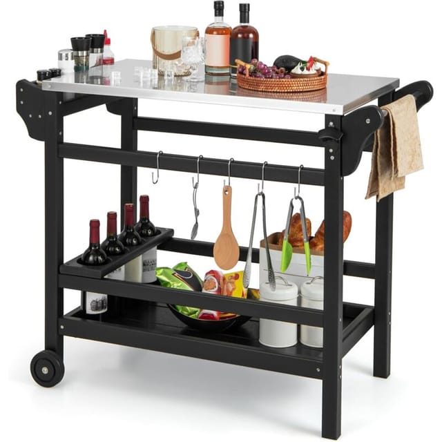 Grillwagen Aus Hdpe, Grilltisch Mit Gewürztablett, Weinflaschenregal, Griff & 2 Rollen, Arbeitsplatte Aus Edelstahl, Outdoor Servierwagen, Wetterfester Beistelltisch Für Garten, Terrasse - Costway