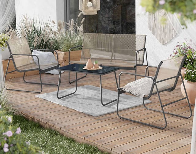 Bestmobilier - Pilar - Gartenmöbel Für 4 Personen - Metall Und Geflochtenes Polyrattan - Grau / Braun
