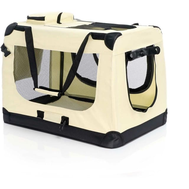 Faltbare Transportbox Für Hunde, Katzen Xl (82x56x58cm), Robust, Leicht, Sicher, Hundebox Mit Tragegriff Und Decke, Beige - Fudajo