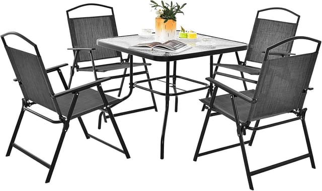 5-tlg. Gartenmöbel Set, Terrassenmöbel Inkl. 4 Klappstühle, 1 Tisch Mit Schirmloch, Gartengarnitur Für 4 Personen, Sitzgruppe, Sitzgarnitur Für Hinterhof, Garten, Terrasse - Costway