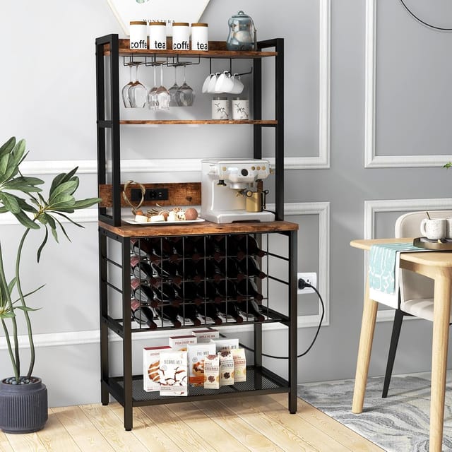 Costway Küchenregal Mit Steckdosen, Weinregal Für 24 Flaschen, Glashalter, Arbeitsplatte, Standregal Für Mikrowelle, Bäckerregal Für Küche Esszimmer, 76 X 48 X 163 Cm, Vintagebraun
