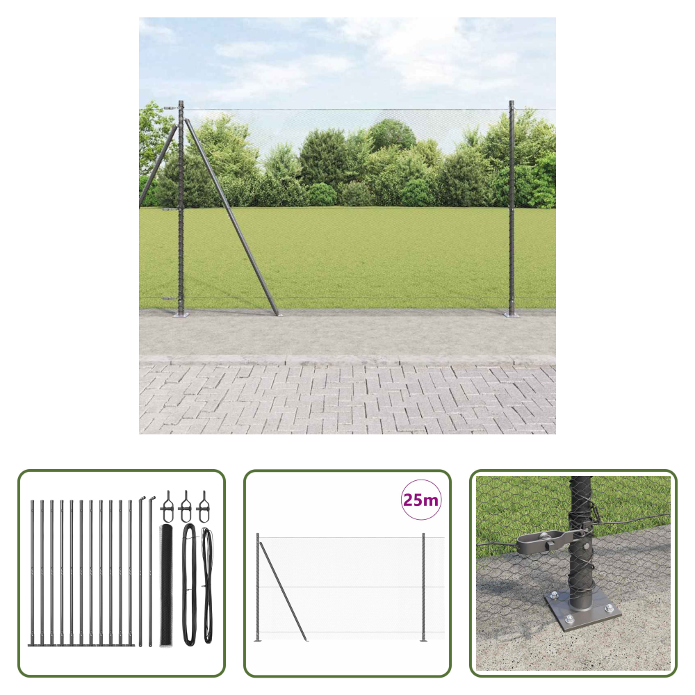Außenzaun - Zaunpfosten Grau 25 X 1,6 M (13 Mm Maschenweite) Stahl Und Pvc