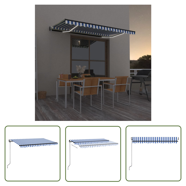 Automatische Markise Mit Led & Windsensor 400x350 Blau Und Weiß - Outdoor-markise - Gartensonnenschirm - Terrassenüberdachung - Markisentuch Blau Weiß - Windsensor - The Living Store