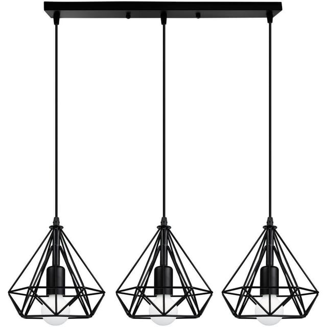 Pendelleuchte Diamant, 3 Flammig Hängelampe Mit Ø20cm Käfig, Vintage Eisen Kronleuchter Für Wohnzimmer Esszimmer (schwarz)