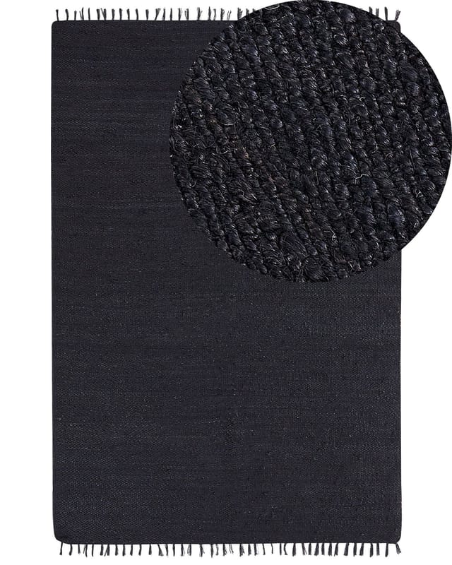 Teppich Schwarz Jute Und Baumwolle Rechteckig 200 X 300 Cm Mit Fransen Handgewebt Boho Kurzhaar Kurzflor Für Fußbodenheizung Wohnzimmer Esszimmer