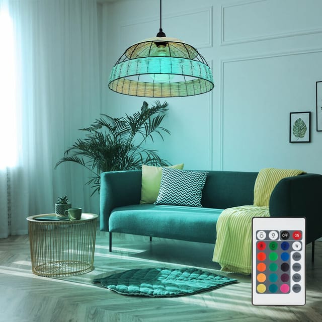 Hängeleuchte Rattan Boho Esstischleuchte Pendelleuchte Retro, Drahtgeflecht Schwarz, Fernbedienung Dimmbar, 1x Rgb Led 8,5w 806lm Warmweiß, Dxh 40 X 120 Cm