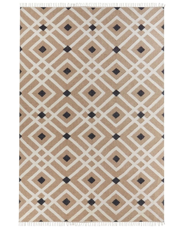 Teppich Beige / Schwarz Jute Und Baumwolle Rechteckig 200 X 300 Cm Geometrisches Muster Fransen Handgewebt Boho Kurzhaar Für Fußbodenheizung