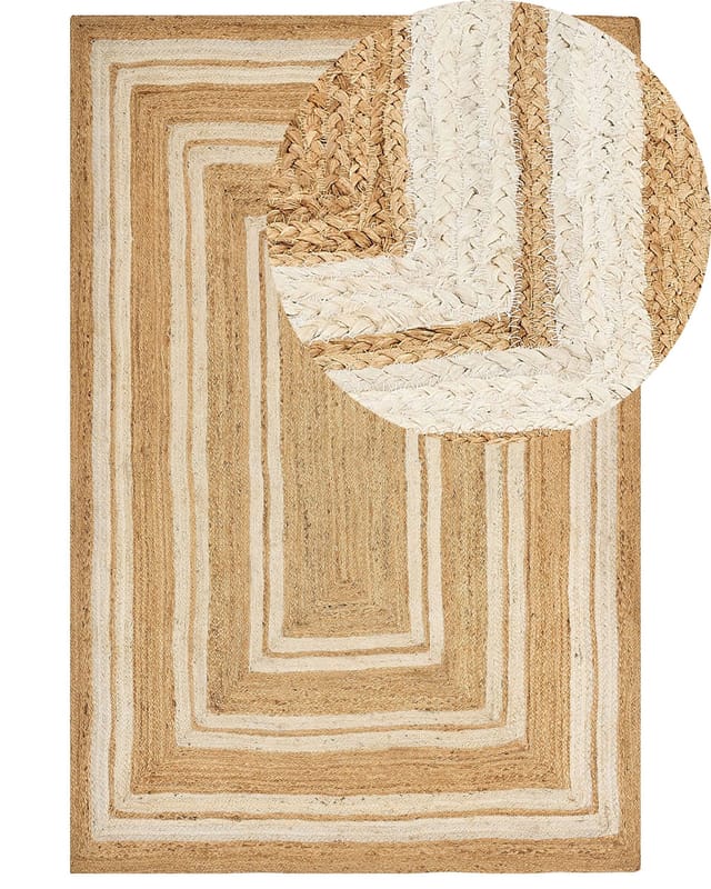 Teppich Beige Jute Rechteckig 200 X 300 Cm Kurzflor Mit Geometrischem Muster Handgewebt Geflochten Boho Für Fußbodenheizung Wohnzimmer Esszimmer