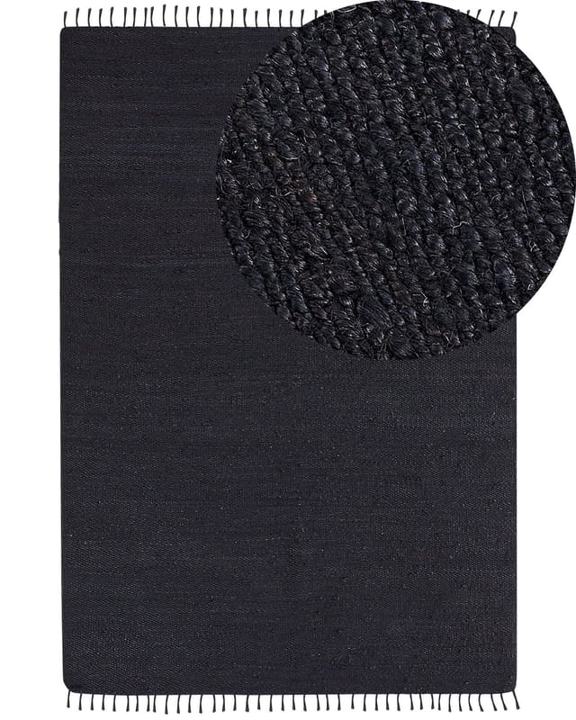 Teppich Schwarz Jute Und Baumwolle Rechteckig 160 X 230 Cm Mit Fransen Handgewebt Boho Kurzhaar Kurzflor Für Fußbodenheizung Wohnzimmer Esszimmer