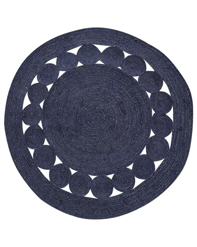 Teppich Dunkelblau Jute Rund ⌀ 120 Cm Kurzflor Lochmuster Mit Kreisen Handgewebt Boho Für Fußbodenheizung Flur Eingang Wohnzimmer Esszimmer