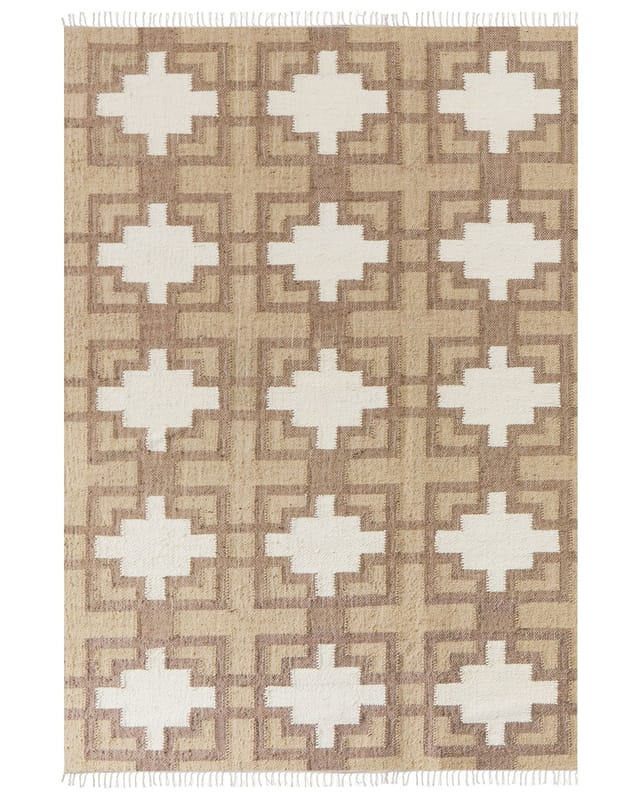 Teppich Beige Jute Und Baumwolle Rechteckig 160 X 230 Cm Geometrisches Muster Fransen Handgewebt Boho Kurzhaar Für Fußbodenheizung Wohnzimmer