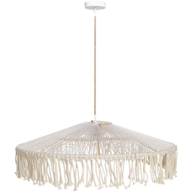 Hängeleuchte Hellbeige Papiergeflecht Mit Rundem Schirm Kegelform Fransen 1-flammig Langes Kabel Boho Für Esstisch Wohnzimmer Flur Wohnküche