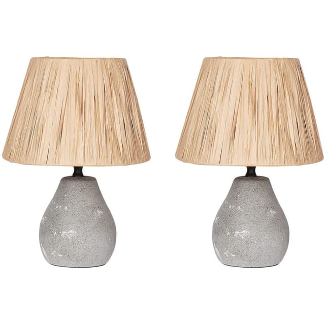 Tischlampe Grau Und Naturfarben Keramik Vasenform 31 Cm Papiergeflecht Schirm Kegelform Kabel Mit Schalter Modern Boho Schlaf- U. Wohnzimmer