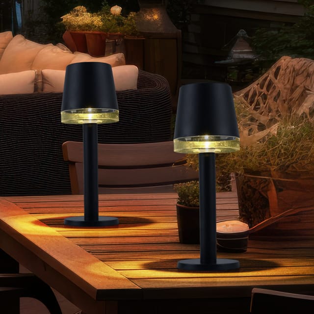 Led Solarleuchte Tischleuchte Außenlampe Terrassenlampe Gartenleuchte, Kunststoff Klar Schwarz, Akku 6-8h Ip44, 3000k Warmweiß, 2er Set, H 21,5 Cm