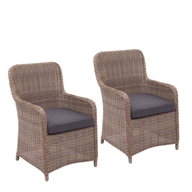 [neuwertig] 2er-set Poly-rattan Stuhl Hhg-084, Rattanstuhl Gartenstuhl Korbsessel, Spun Poly Halbrundes Rattan Mvg Beige Kissen Grau