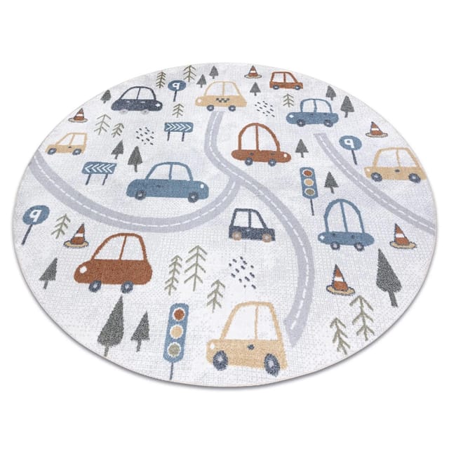 Rugsx - Teppich Bono 8436 Kreis Autos, Straße Creme / Hellgrau Multicolour Rund 200 Cm