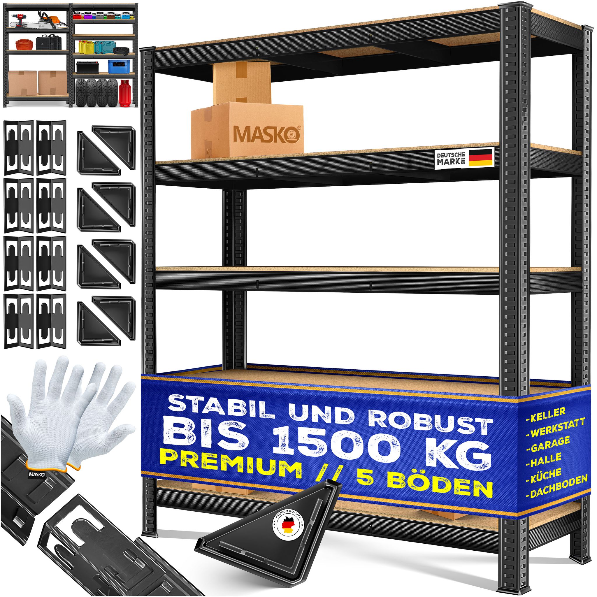 Masko® Schwerlastregal Lagerregal Kellerregal 160x160x40cm, Verstellbar – 5-böden / Schwarz 1500kg