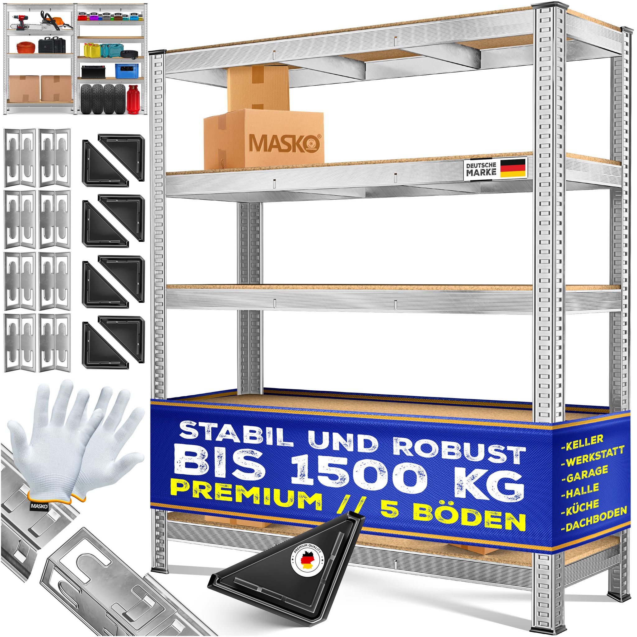 Masko® Schwerlastregal Lagerregal Kellerregal 160x160x40cm, Verstellbar – 5-böden / Silber 1500kg