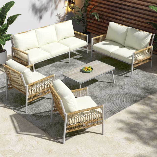 Gartenmöbel-set, 7-sitzer, 1 Couchtisch, Pe-rattan, Verzinktes Stahlrohr, Gehärtetes Glas (nachahmung Von Massivholzpellets), Abnehmbares Und Waschbares Sitzkissen, Beige