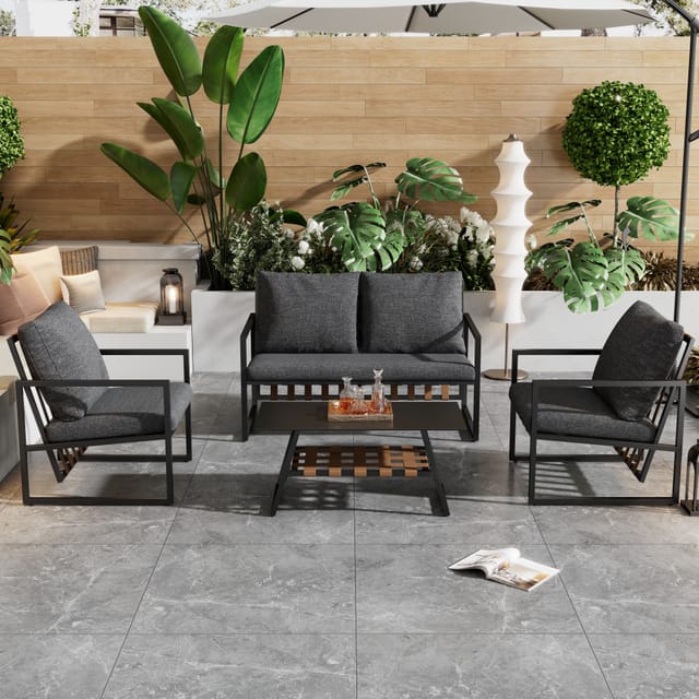 Sofagarnitur Für Den Außenbereich, Viersitzer, Couchtisch Mit Stauraum, Verzinktes Stahlrohr, Design Mit Pvc-befestigungen, Platte Aus Gehärtetem Glas, Abnehmbares Und Waschbares Sitzkissen, Schwarz