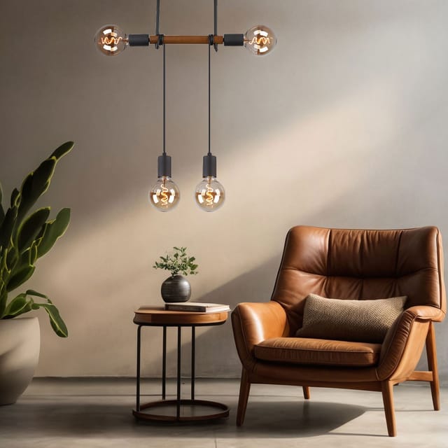 Hängeleuchte Höhenverstellbar Pendelleuchte Esszimmerleuchte Holz, Metall Schwarz Braun, 4x E27 Fassungen, Lxbxh 39x6x100 Cm