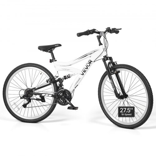 VEVOR Mountainbike für Damen Herren 27,5 Zoll Fahrrad 18-Gang Schwarz Weiß Ideal für Erwachsene, Kohlenstoffstahlrahmen, mit Vollfederung, 120 kg Tragkraft, Klingel, Reflektoren & Verstellbarem Sattel