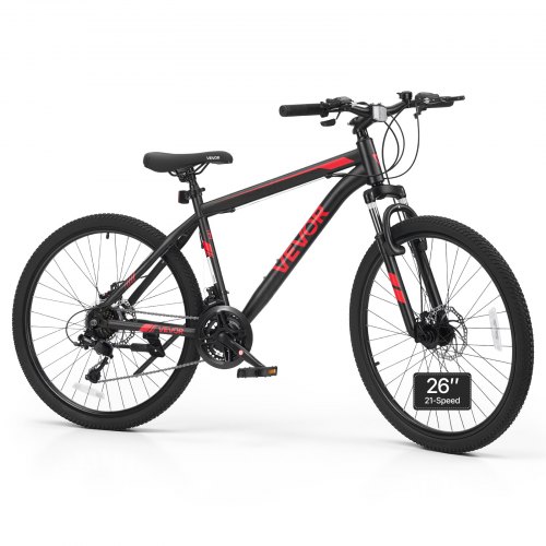 VEVOR Mountainbike für Damen Herren 26 Zoll Fahrrad 21-Gang Schwarz Rot Ideal für Erwachsene, Kohlenstoffstahlrahmen, mit Federgabel, 120 kg Tragkraft, Klingel, Reflektoren & Verstellbarem Sattel
