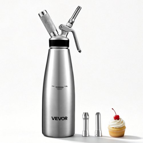 VEVOR Sahnespender-Set 1 L Edelstahl Sahnebereiter mit 3 Dekorierdüsen, für Hobbybäcker Cafés, nur für N₂O-Kapseln (Separat Erhältlich), Schlagsahne in 60 Sek., 3 Düsen und Reinigungsbürste inkl.
