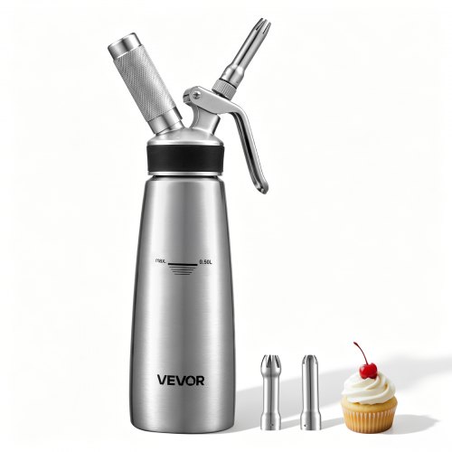 VEVOR Sahnespender-Set 0,5 L Edelstahl Sahnebereiter mit 3 Dekorierdüsen, für Hobbybäcker Cafés, nur für N₂O-Kapseln (Separat Erhältlich), Schlagsahne in 60 Sek., 3 Düsen und Reinigungsbürste inkl.