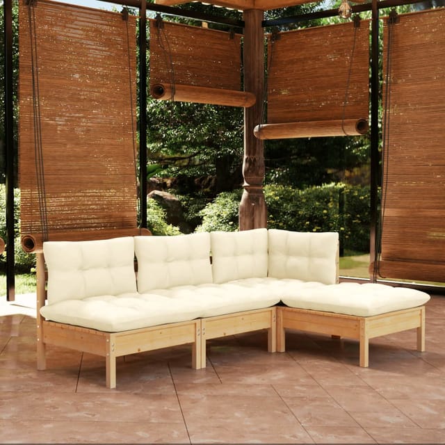 Jinlefu - 4-tlg. Gartenmöbel Set Sitzgruppe Essgruppe Mit Creme Kissen Kiefernholz De36634