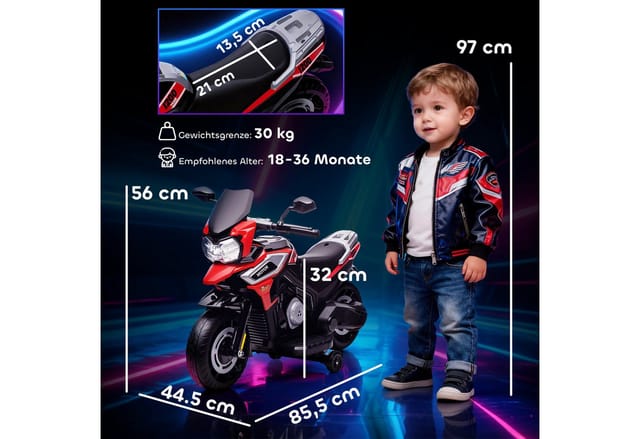 AIYAPLAY Elektro-Kindermotorrad 6V Elektromotorrad mit 2 Hilfsrädern, Beleuchtung, Musik, Belastbarkeit 30 kg, (1-tlg), für Kinder von 18-36 Monaten, Rot