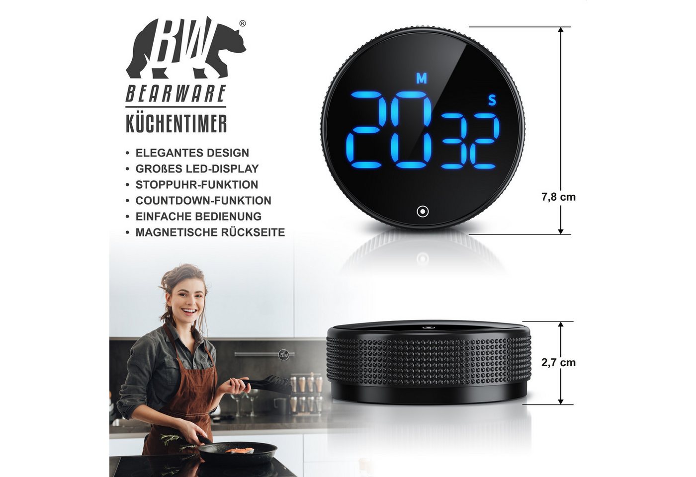 BEARWARE Küchentimer Küchenwecker Eieruhr, digital & magnetisch, LED Display, Countdown großes LED Display, Alarmton einstellbar, Stoppuhr fürs Kochen Bild 3
