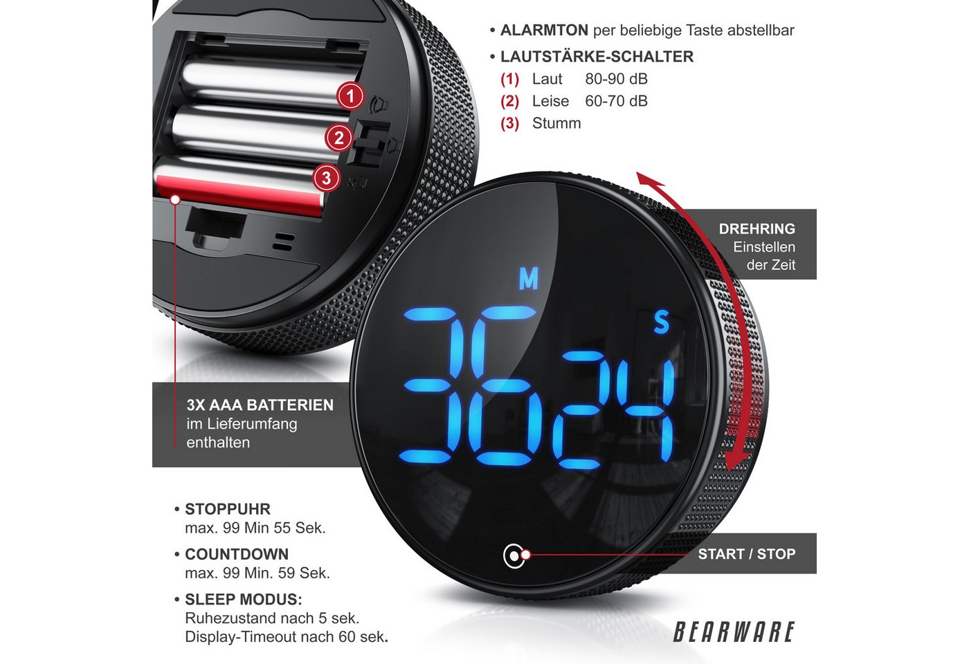 BEARWARE Küchentimer Küchenwecker Eieruhr, digital & magnetisch, LED Display, Countdown großes LED Display, Alarmton einstellbar, Stoppuhr fürs Kochen Bild 5