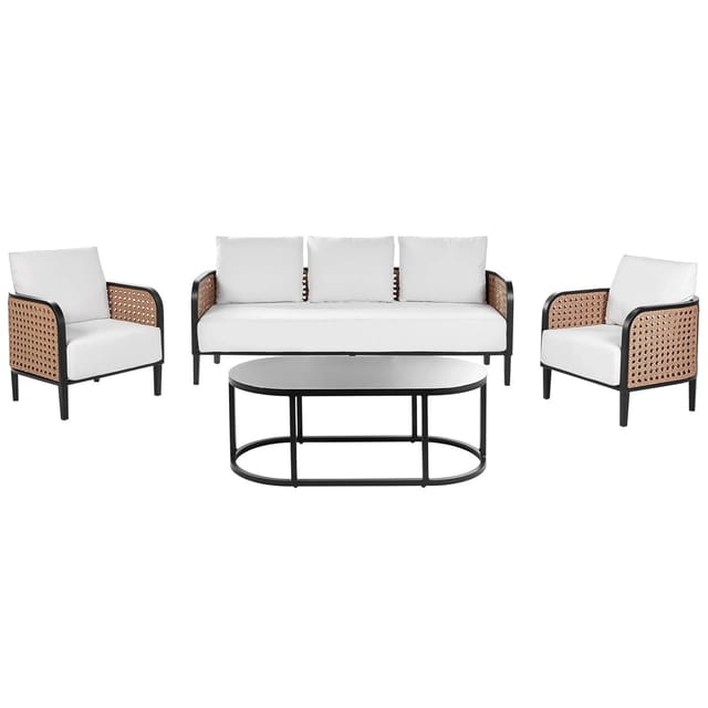 Gartenlounge Set Mit Tisch 5-sitzer Schwarz Aluminium Auflagen Cremeweiß Wiener Geflecht Modern Terrasse Balkon Outdoor Gartenzubehör