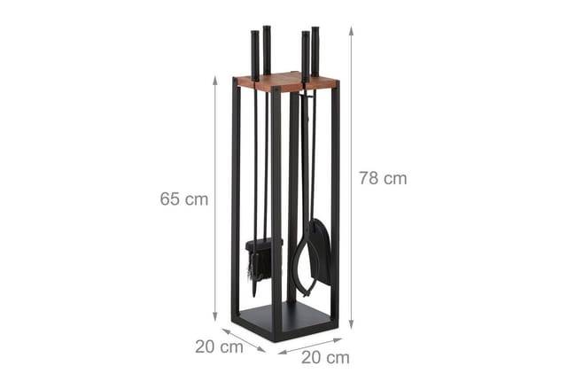 Kaminbesteck, 5-teiliges Set, Schürhaken, Ascheschaufel, Besen, Zange & Ständer, Kamingarnitur, Schwarz/braun - Relaxdays