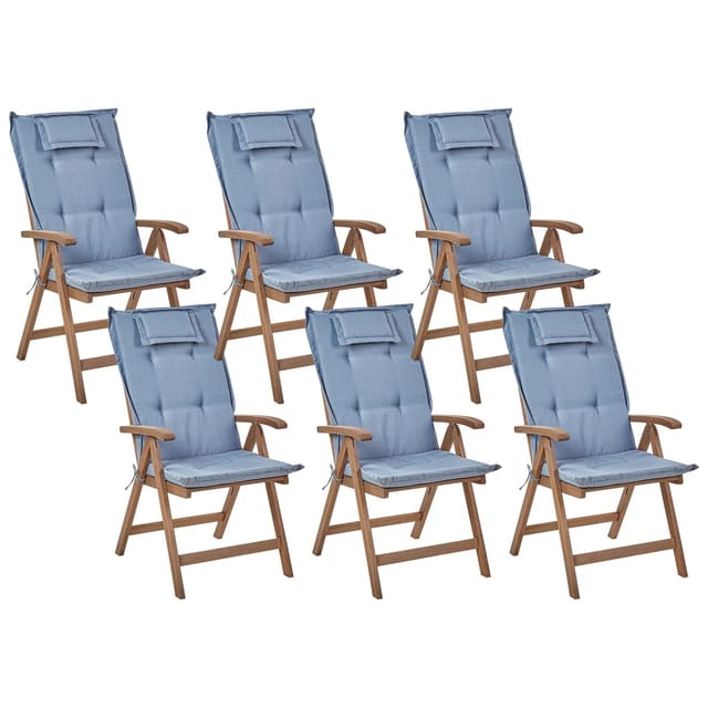 Gartenstuhl 6er Set Dunkelbraun Und Blau Akazienholz Vertsellbar Klappbar Mit Auflagen Armlehnen Lamellen-optik Rustikal Außenbereich Terrasse