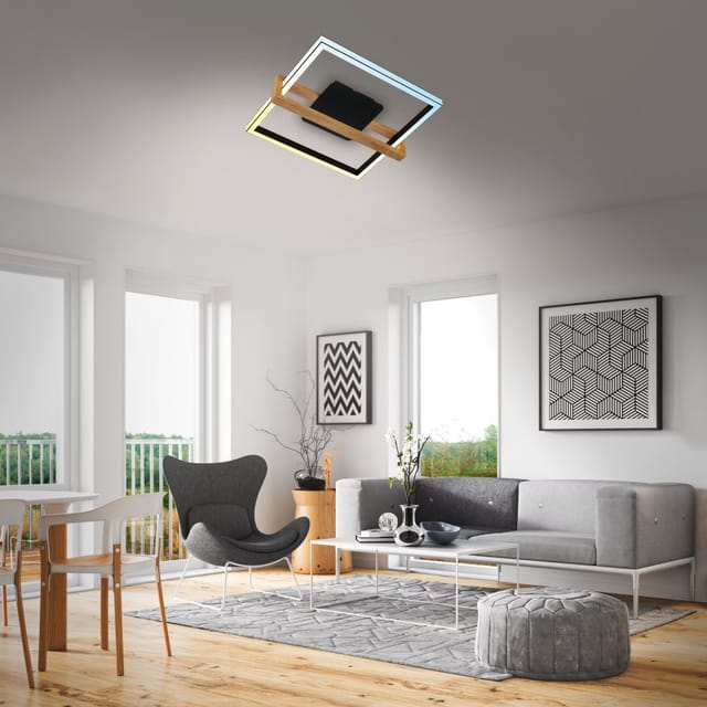 Cct Led Deckenleuchte, Schwarz, Mit Holz, Led/40w