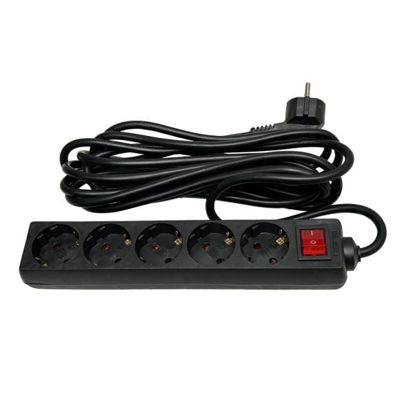 Fabrilamp - Schwarz Mehrfachsteckdose 5 Stecker Und 5m Kabel 5m 3gx1,5mm De Kupfer 3500w Max