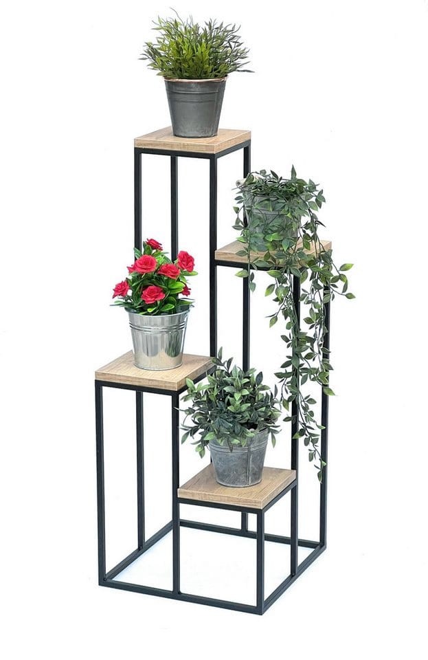 Dandibo - Blumentreppe Metall Schwarz Holz 90 Cm Pflanzentreppe Blumenständer 96349 Blumensäule Modern Pflanzenständer Blumenhocker