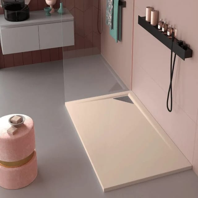 Mineralguss-duschwanne Extra Flach Trinity In Creme 70x140 Cm Ablaufschutz In Chrom Ablauf Rechtsbündig