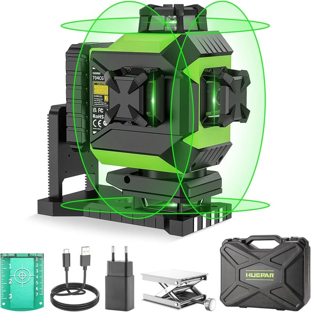 Huepar - 4x360 Kreuzlinienlaser Automatische Nivellierung 4d Grünes Licht Kreuzlinie 16 Linien Für Fliesen Boden Laser-werkzeug-2x360 Horizontale/tvertikale Laserlinie-wiederaufladbarer 704cg