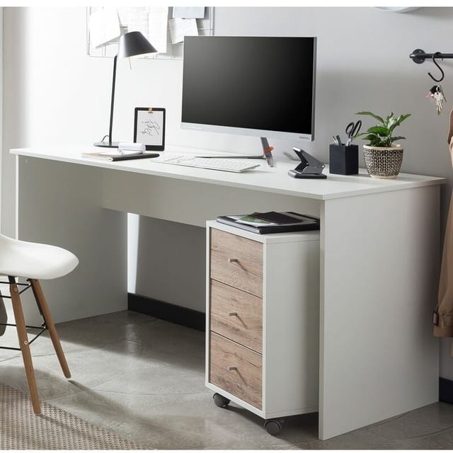 Büro Schreibtisch Inkl. Rollcontainer Braga-80 In Weiß Mit Wildeiche Nb., B/h/t: Ca. 150/73,6/65 Cm