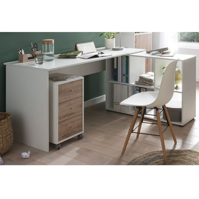 Eckschreibtisch Büro Inkl. Rollcontainer Braga-80 In Weiß Mit Wildeiche Nb., B/h/t: Ca. 150/73,6/121,6