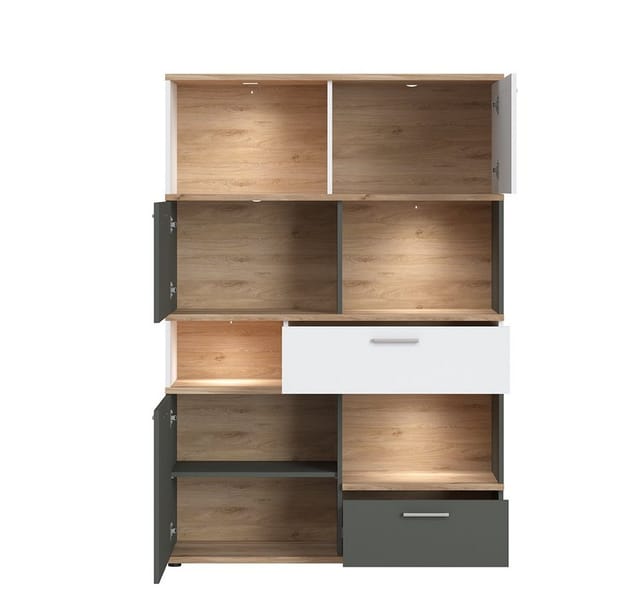 Regal Highboard Mit Beleuchtung In Eiche Nb. Mit Weiß Und Grau Tomar-129, B/h/t Ca. 115/168/40 Cm
