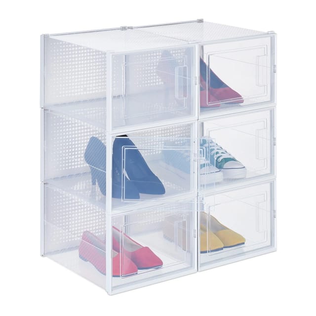 Relaxdays - Schuhboxen 6er Pack, Mit Tür, Schuhorganizer, Stapelbar, Schuhe Bis Größe 48, Lüftungsschlitze, Transparent
