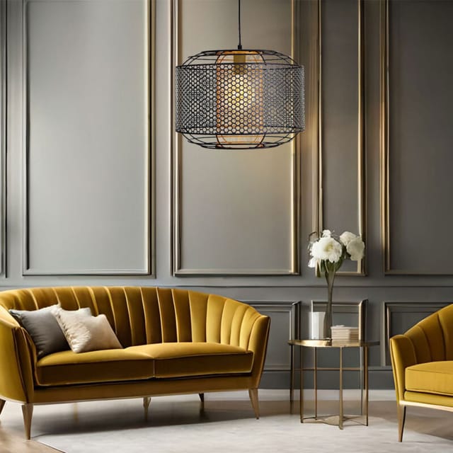 Nowa - Pendelleuchte Hängeleuchte Esstischlampe Wohnzimmerleuchte Küchenlampe, Metallgitter Schwarz Zylinder Goldfarben, 1x E27, H 150 Cm