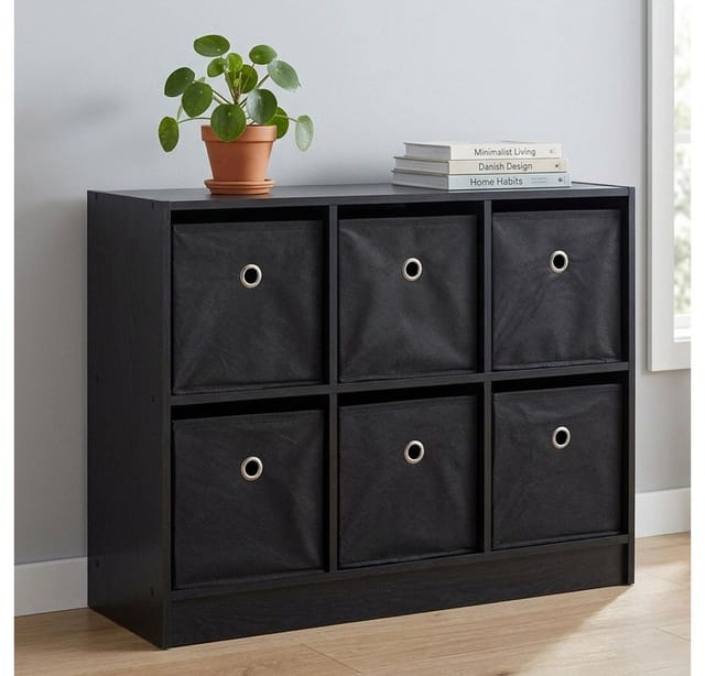Kinderzimmerregal Mit 6 Fächern Holzregal Spielzeugregal Standregal 6x Faltboxen Bücherregal Schwarz, Stoffboxen, Bxhxt 80x60x30 Cm