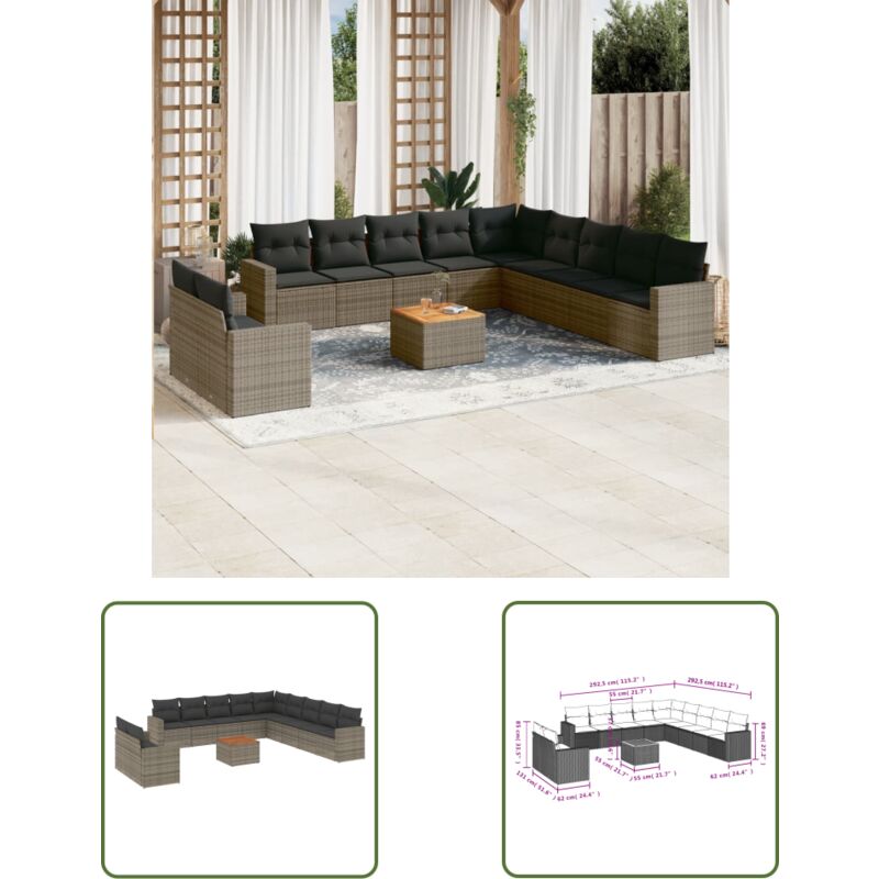 12-tlg. Garten-sofagarnitur Mit Kissen Grau Poly Rattan - Gartensorte - Gartenmöbelset - Outdoor Möbel - Lounge Set - Rattan Gartenmöbel - The Living Store